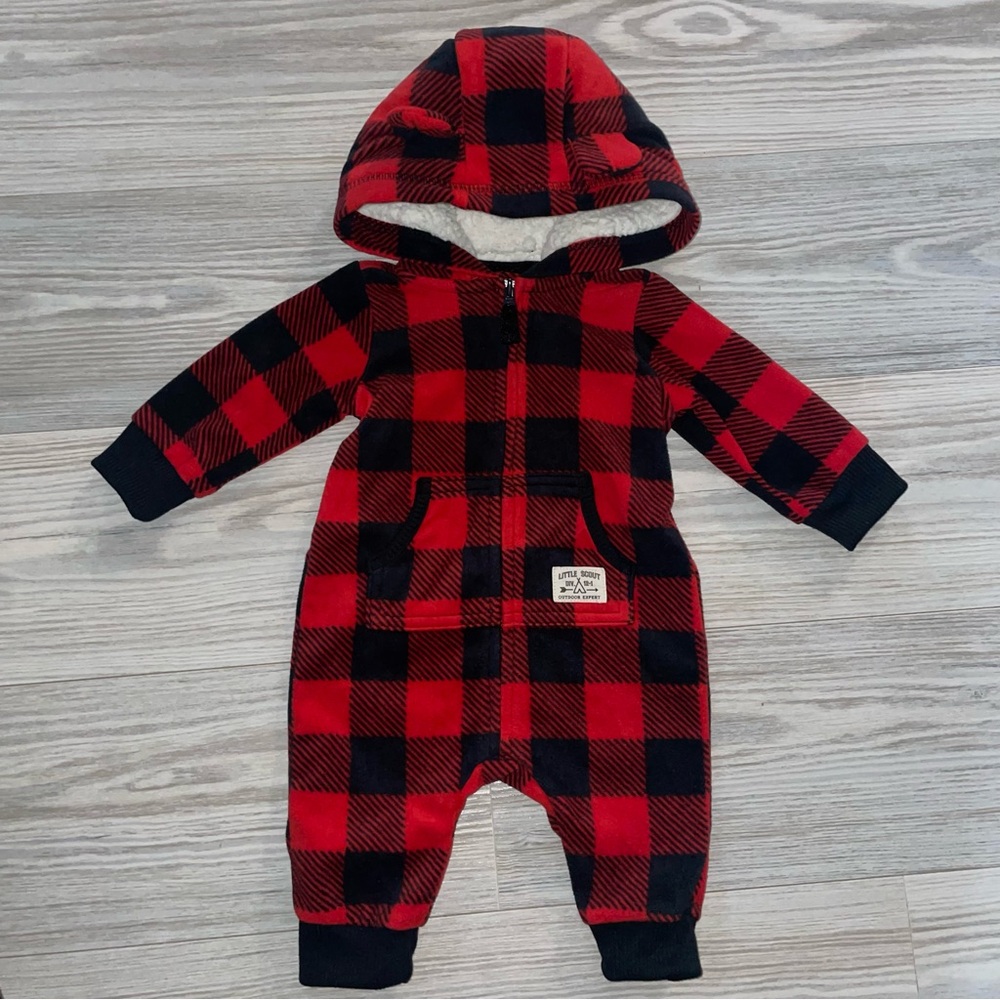 Carter’s Baby Boys 1PC Fleece Romper 3M Black & Red Plaid Hooded Pocket